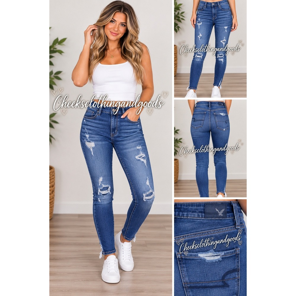 American Eagle 360 Super Stretch Hi-Rise Jegging Distressed Blue Jeans Size 6